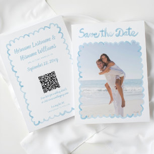 Whimsical Hand Drawn Light Blue Photo QR Website Save The Date