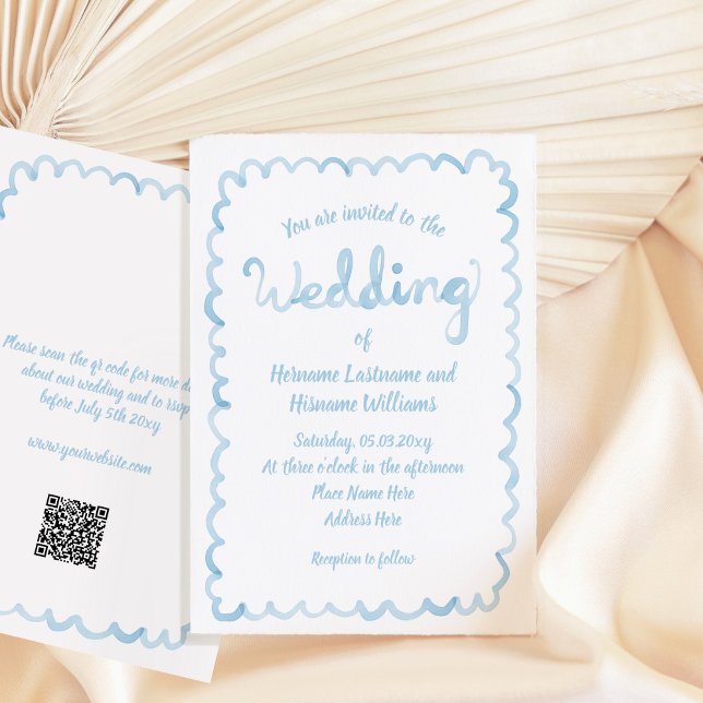 Whimsical Hand Drawn Light Blue QR RSVP Wedding Invitation (Creator Uploaded)