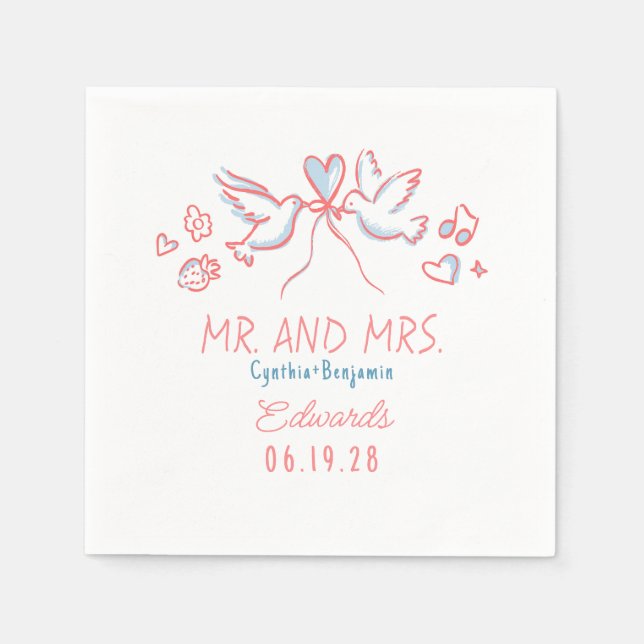 Whimsical Hand Drawn Love Birds Wedding Napkins (Front)