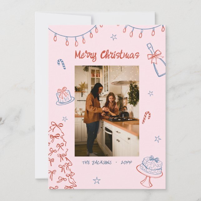 Whimsical Hand Drawn Merry Christmas Family Photo Holiday Card (Front)