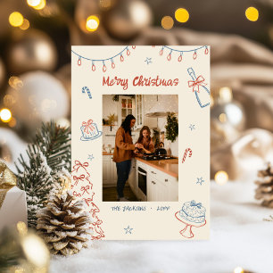 Whimsical Hand Drawn Merry Christmas Family Photo Holiday Card