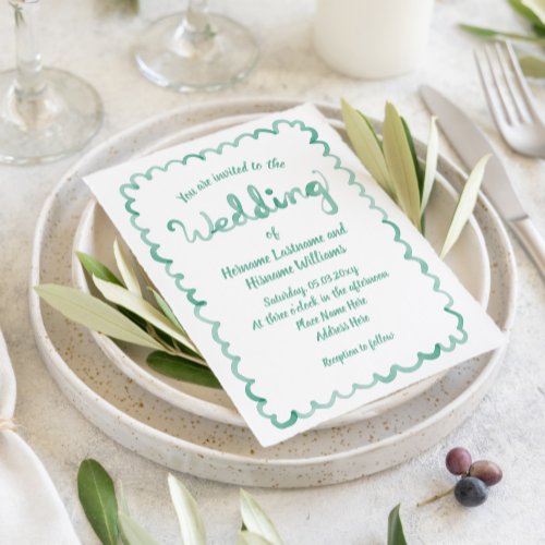 Whimsical Hand Drawn Mint Green Watercolor Wedding Invitation