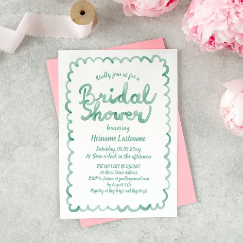 Whimsical Hand Drawn Mint Watercolor Bridal Shower Invitation