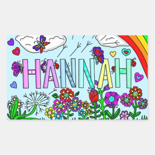 Whimsical Hand Drawn Name Hannah Flowers Rainbow Rectangular Sticker
