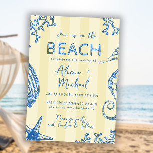 Whimsical hand drawn nautical coastal wedding  invitation