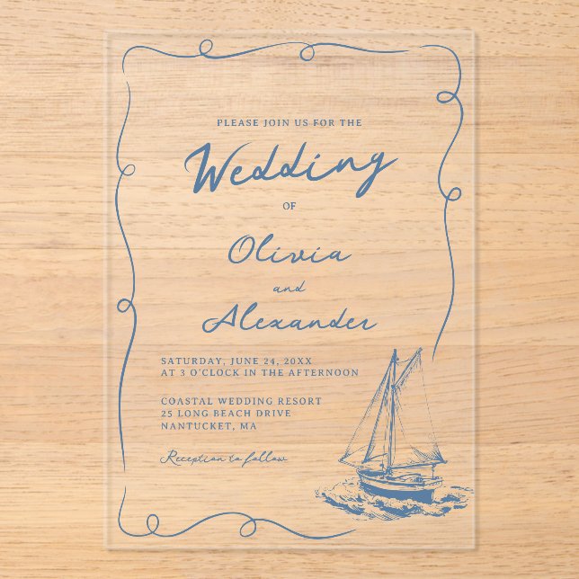 Whimsical Hand Drawn Nautical Sailboat Wedding Acrylic Invitations (Front)