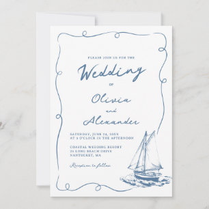 Whimsical Hand Drawn Nautical Sailboat Wedding Invitation