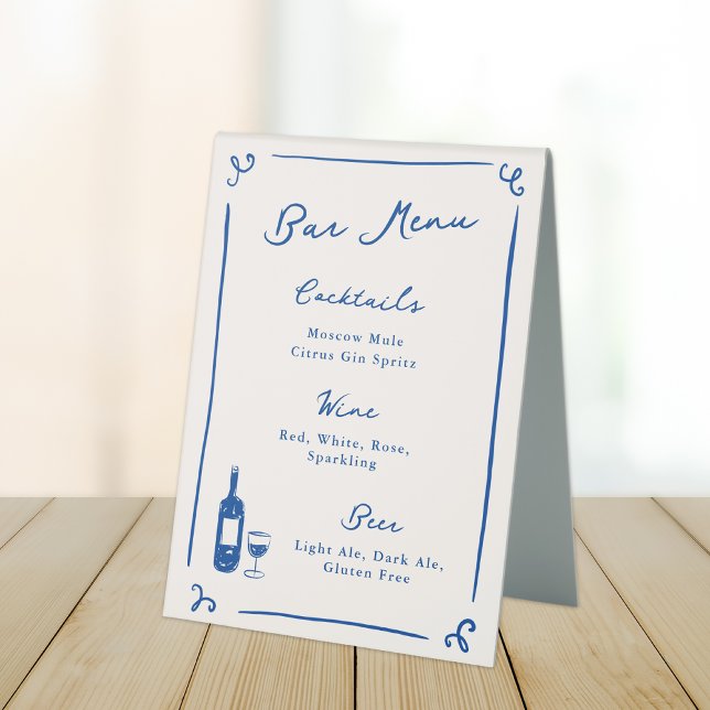 Whimsical Hand Drawn Navy Blue Bar Menu Table Tent (Creator Uploaded)