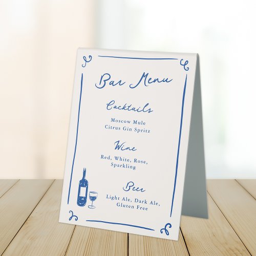 Whimsical Hand Drawn Navy Blue Bar Menu Table Tent Sign