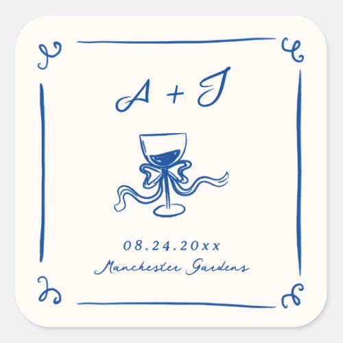 Whimsical Hand Drawn Navy Blue Bow Wedding Square Sticker