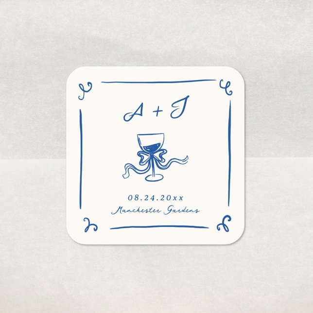 Whimsical Hand Drawn Navy Blue Bow Wedding Square Sticker (Creator Uploaded)