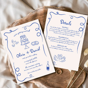 Whimsical Hand Drawn Navy Blue Details Wedding Invitation