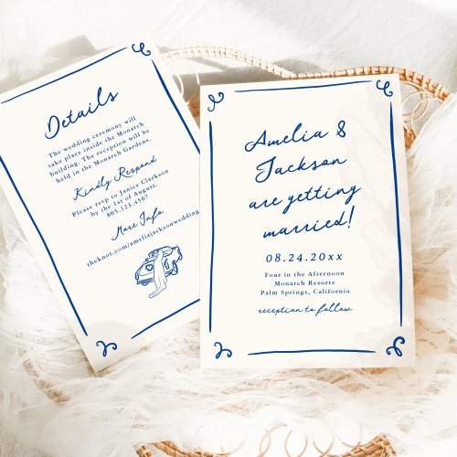 Whimsical Hand Drawn Navy Blue  Details Wedding Invitation