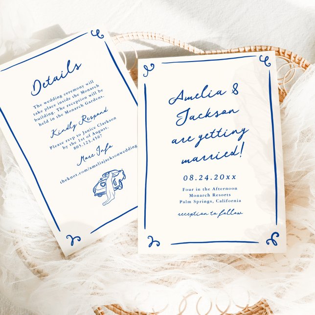 Whimsical Hand Drawn Navy Blue + Details Wedding Invitation (Creator Uploaded)