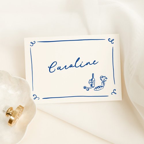Whimsical Hand Drawn Navy Blue Place Card