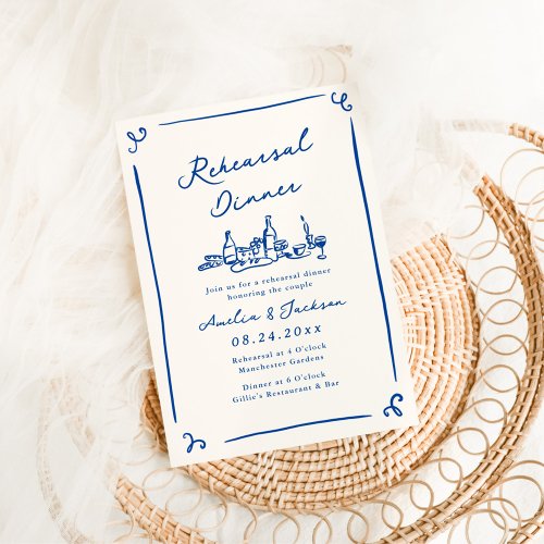 Whimsical Hand Drawn Navy Blue Rehearsal Dinner Invitation