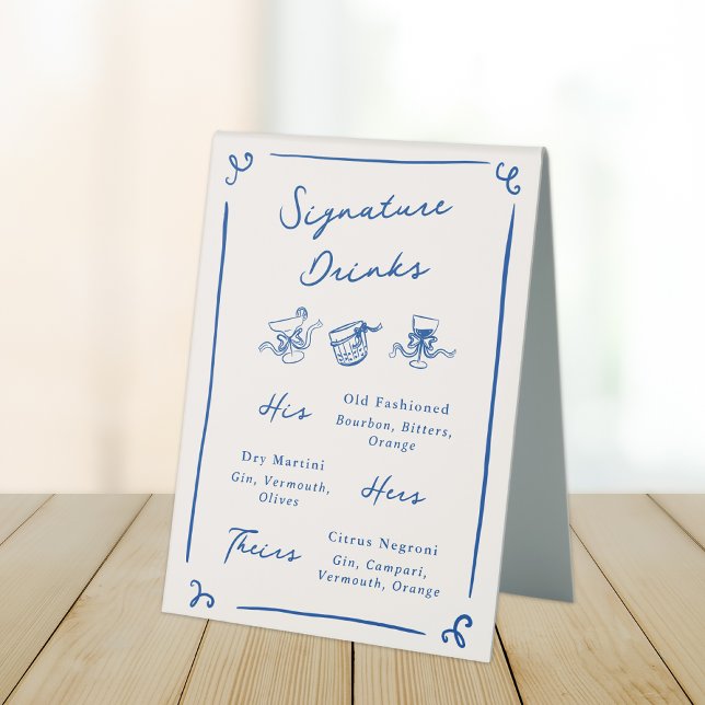 Whimsical Hand Drawn Navy Blue Signature Drinks Table Tent (Creator Uploaded)