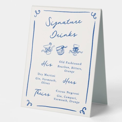 Whimsical Hand Drawn Navy Blue Signature Drinks Table Tent Sign