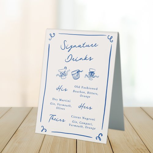 Whimsical Hand Drawn Navy Blue Signature Drinks Table Tent Sign