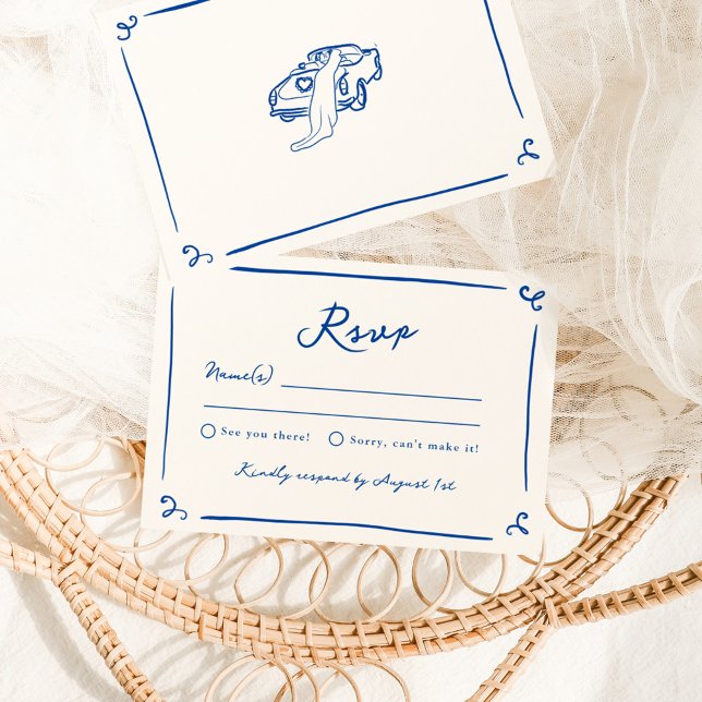 Whimsical Hand Drawn Navy Blue Wedding RSVP Invitation (Creator Uploaded)