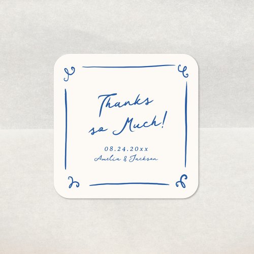 Whimsical Hand Drawn Navy Blue Wedding Thank You Square Sticker