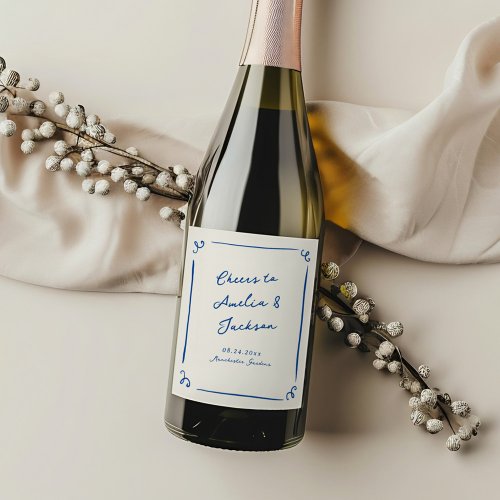 Whimsical Hand Drawn Navy Blue Wedding Wine Label