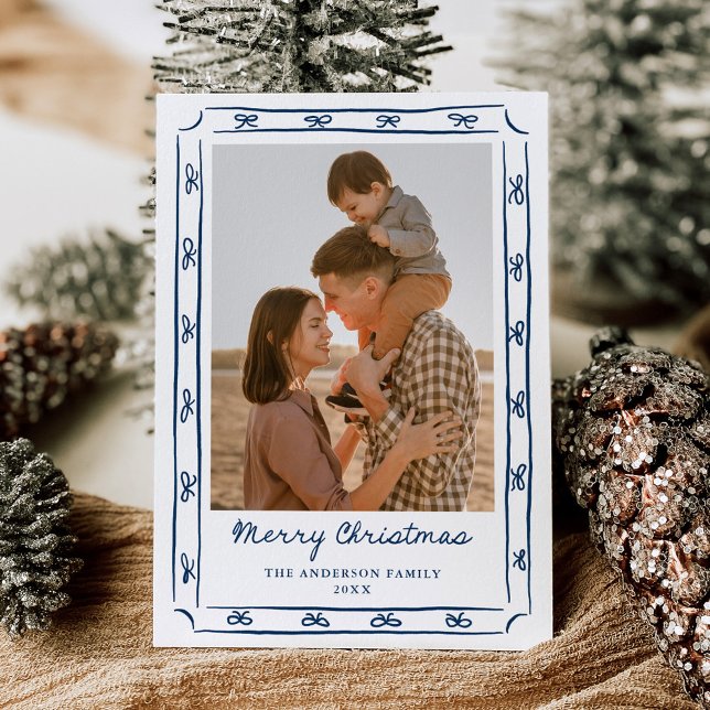 Whimsical Hand-Drawn Navy Bow Frame 2 Photo Holiday Card (Creator Uploaded)
