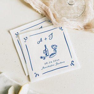 Whimsical Hand Drawn Navy Food & Wine Wedding Napkins