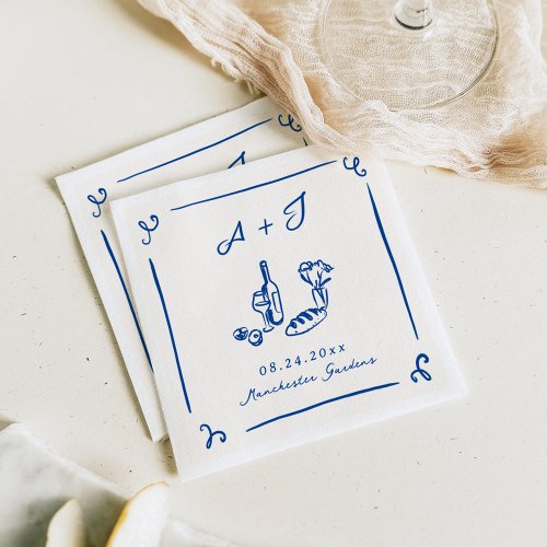 Whimsical Hand Drawn Navy Food  Wine Wedding Napkins