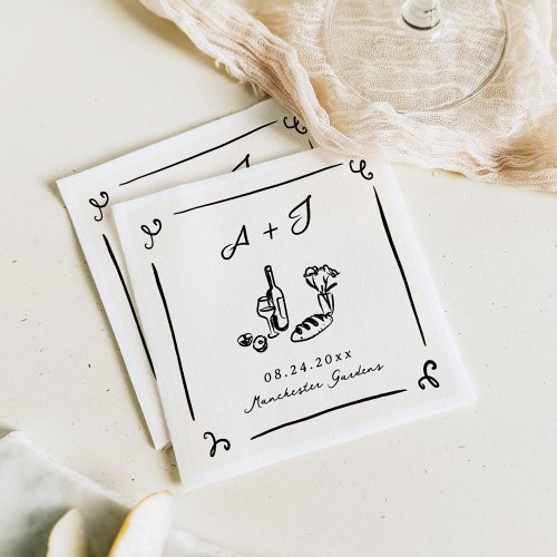 Whimsical Hand Drawn Navy Food  Wine Wedding Napkins