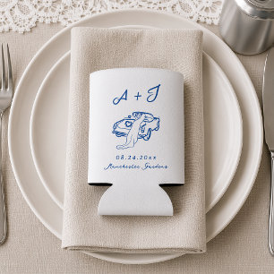 Whimsical Hand Drawn Navy Vintage Car Wedding Can Cooler