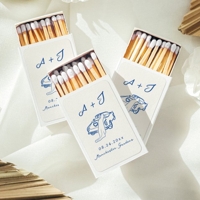 Whimsical Hand Drawn Navy Vintage Car Wedding Matchboxes (Creator Uploaded)