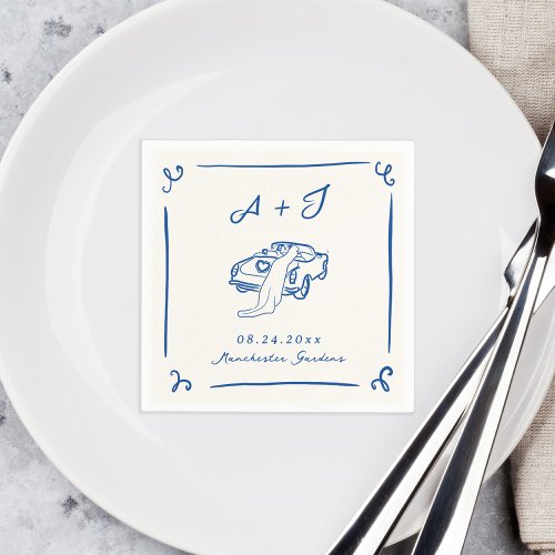 Whimsical Hand Drawn Navy Vintage Car Wedding Napkins