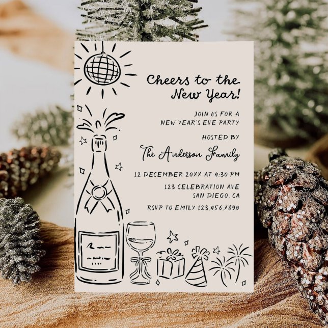 Whimsical Hand Drawn New Years Eve Party Invitation (Creator Uploaded)