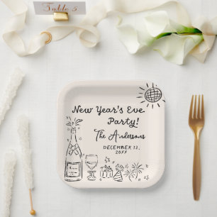 Whimsical Hand Drawn New Year's Eve Party Paper Plates