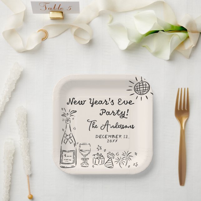 Whimsical Hand Drawn New Year's Eve Party Paper Plates (Wedding)