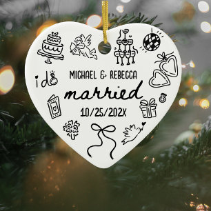 Whimsical Hand Drawn Newlywed First Christmas Ceramic Ornament