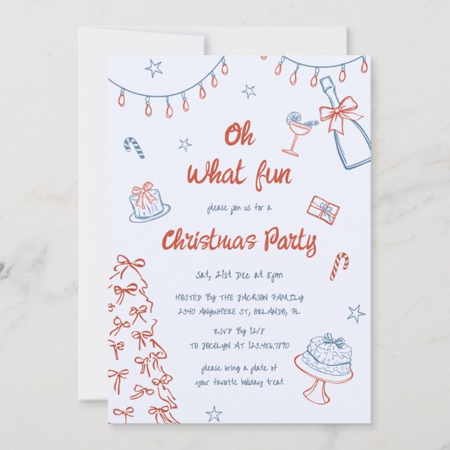 Whimsical Hand Drawn Oh What Fun Christmas Party  Invitation (Front)
