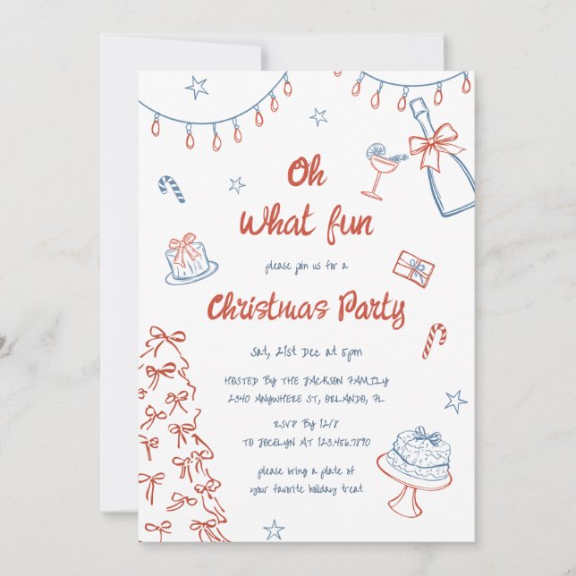 Whimsical Hand Drawn Oh What Fun Christmas Party  Invitation (Front)