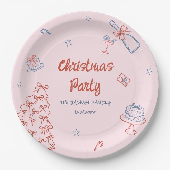 Whimsical Hand Drawn Oh What Fun Christmas Party  Paper Plates (Front)