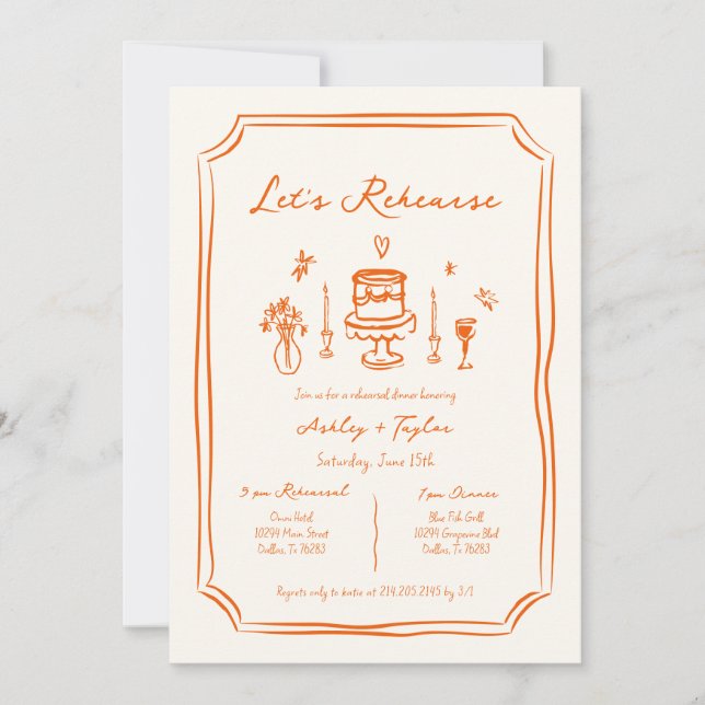 Whimsical Hand Drawn Orange Rehearsal Dinner Invitation (Front)