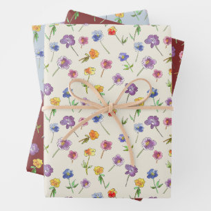 Whimsical Hand-Drawn Pansy Flowers Cute Wildflower Wrapping Paper Sheets