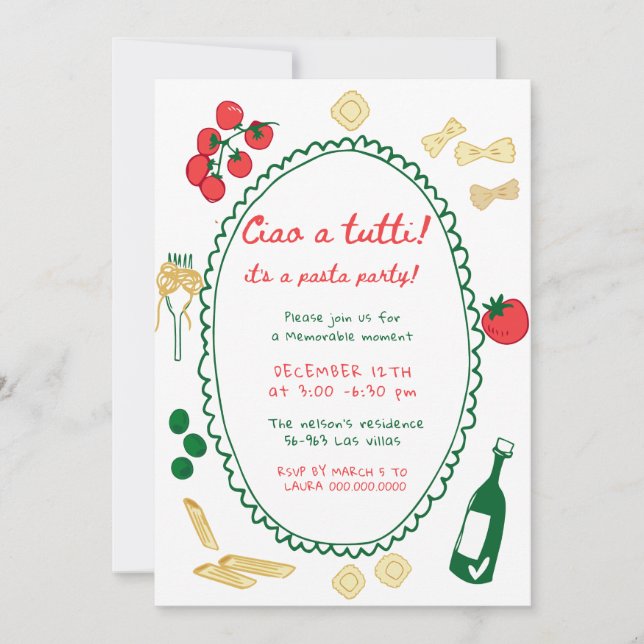 Whimsical Hand Drawn Pasta Party Invitation (Front)