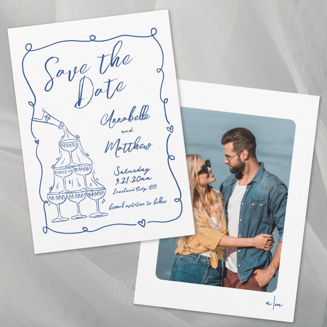 Whimsical Hand Drawn Photo Blue Wedding Save The Date (Whimsical Hand Drawn Photo Blue Wedding Save the Date)