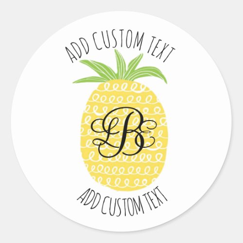 Whimsical Hand_drawn Pineapple Monogrammed Classic Round Sticker