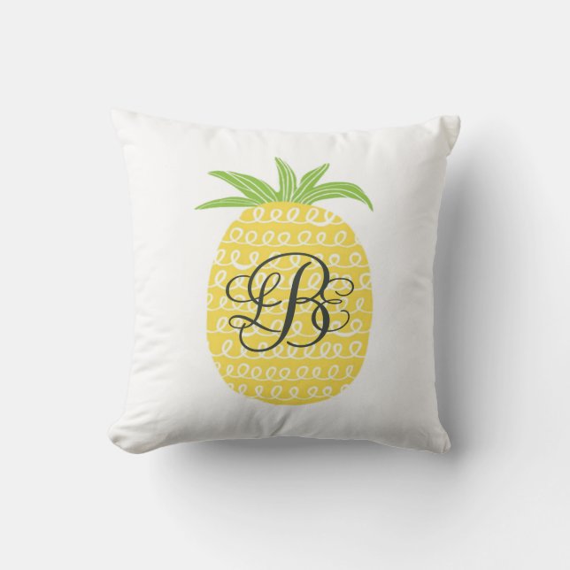 Whimsical Hand-drawn Pineapple Monogrammed Throw Pillow (Front)