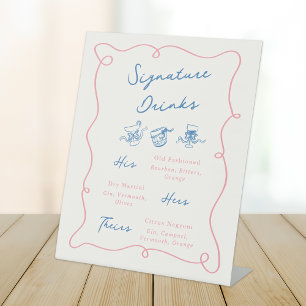 Whimsical Hand Drawn Pink & Blue Signature Drinks Pedestal Sign