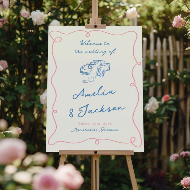 Whimsical Hand Drawn Pink & Blue Wedding Foam Board (Creator Uploaded)