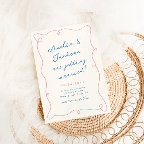 Whimsical Hand Drawn Pink  Blue Wedding Invitation