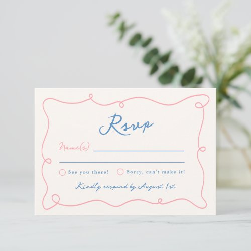 Whimsical Hand Drawn Pink  Blue Wedding RSVP Invitation